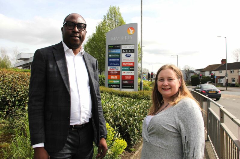 Seyi Agboola (Prospective Parliamentary Candidate) with Sarah Feeney (Police and Crime Commissioner Candidate).  Outside of the Maybird retail park